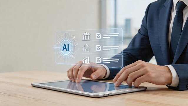 Businessman using tablet futuristic artificial intelligence hologram interface digital technology concept in modern office workspace innovative machine learning system for data