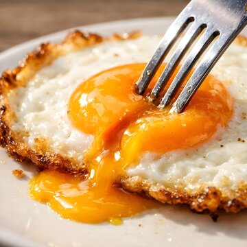 Close up of a crispy fried egg with a runny yolk being broken by a fork