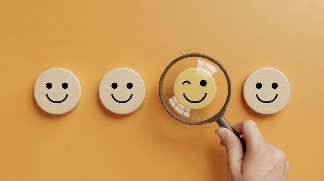 A hand holds a magnifying glass over a smiling face among other faces on a wall.