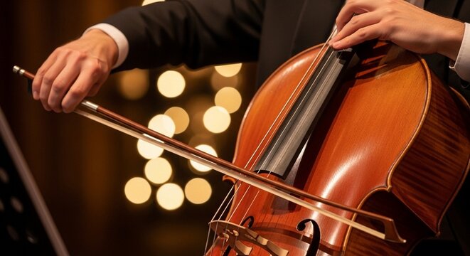 Cellist Plays Cello with Bokeh Lights Background