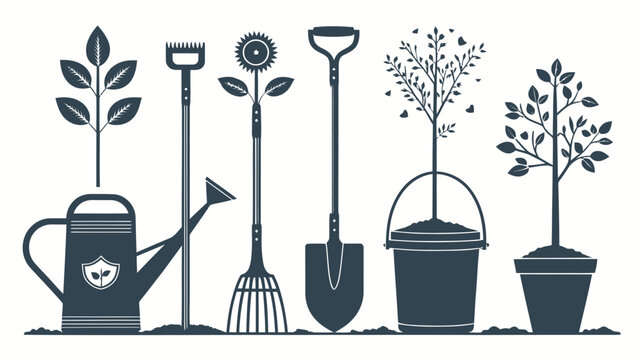 A set of gardening tools and plants in a flat vector illustration