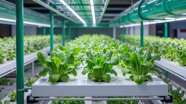 Salad vegetable farming innovation, hydroponic farm with green lettuce growing under led lights in indoor facility