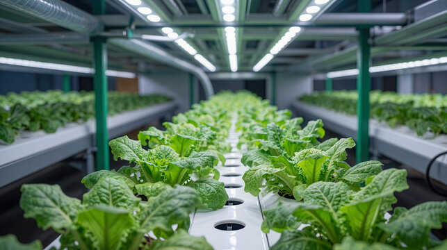 Salad vegetable farming innovation, hydroponic farm with green lettuce growing under led lights in indoor facility