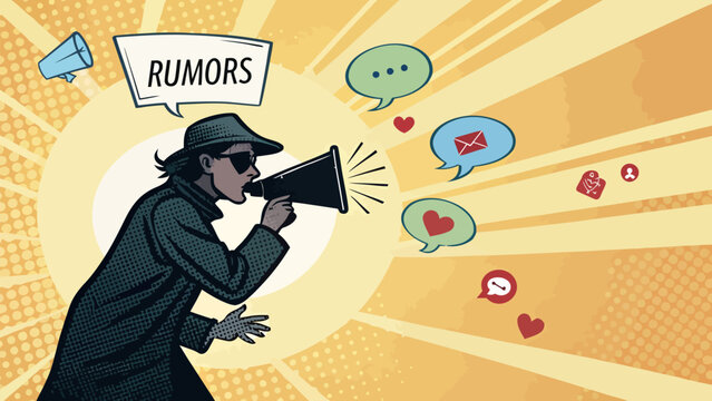 A cartoon man spreading rumors with a megaphone and speech bubbles