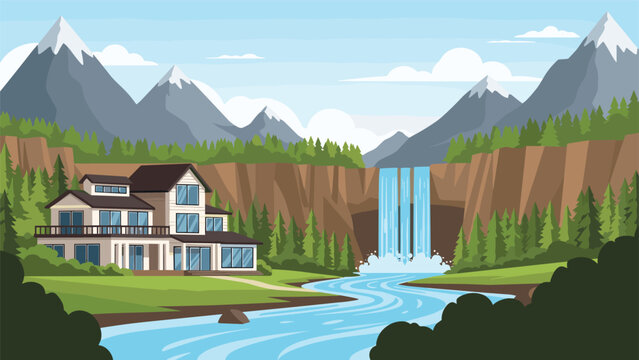 Luxury modern house located next to a flowing river and a magnificent waterfall with snowy mountains in the background.