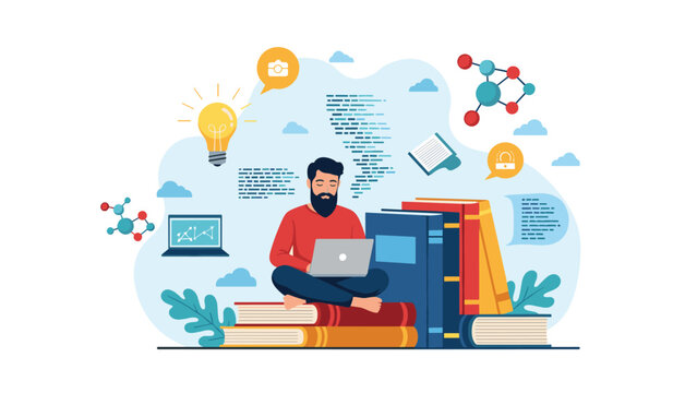 Creative man sitting on a stack of books and working on a laptop with various educational and brain icons around.
