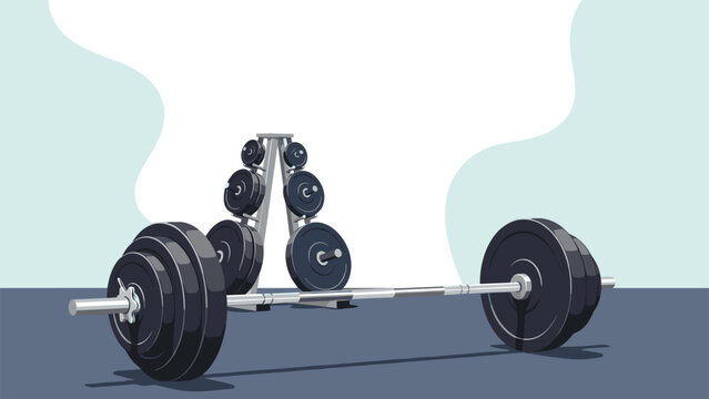 Heavy professional barbell with black weight plates on a dark floor in front of a sturdy metal rack holding additional weights for training.