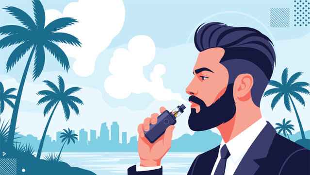 Stylish bearded man in a formal suit using an electronic cigarette with large vapor clouds against a tropical beach background with palm trees.