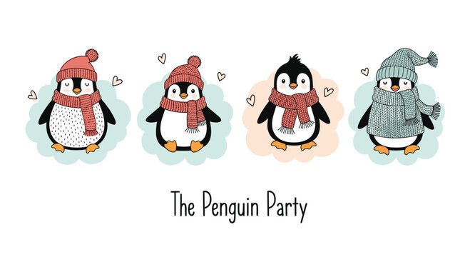 The Penguin Party illustration featuring four penguins wearing cozy winter hats and scarves.