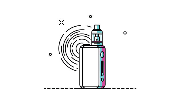 Detailed line art icon of an electronic cigarette vaping device with vapor symbols on a clean white background.