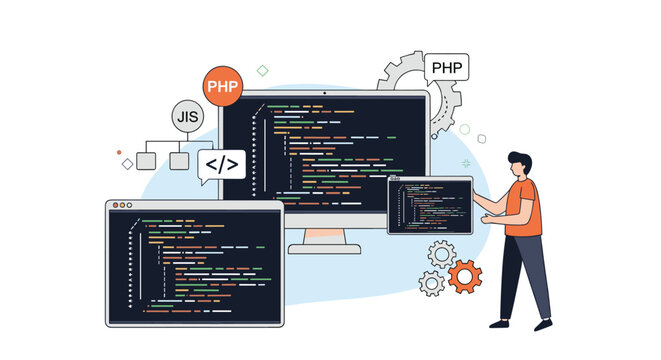 Software development and programming concept showing character working with multiple computer screens displaying lines of code.