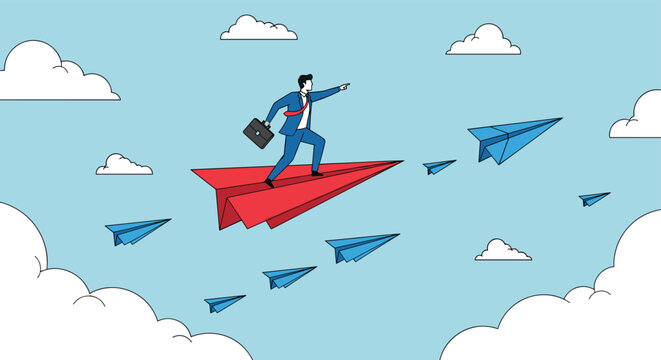 Leadership and business direction concept showing businessman flying on a red paper plane followed by a group of blue planes.