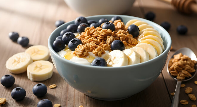 Yogurt bowl with blueberries banana and granola