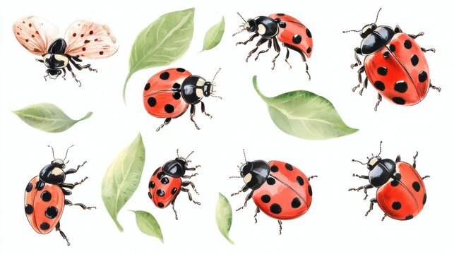 Watercolor illustrations of seven ladybugs in various poses on white background with green leaves