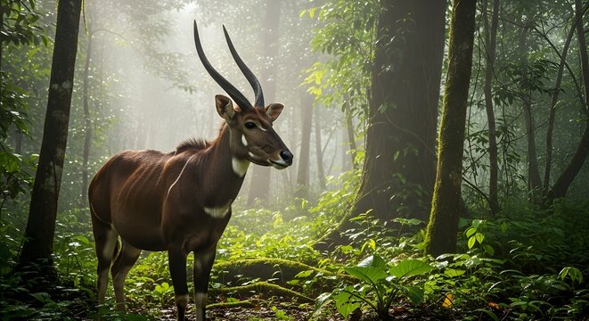 Saola Asian Unicorn Standing Quietly Misty Dense Evergreen Forests Annamite Range Dew Dripping Horns

