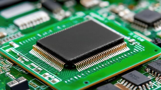Closeup Black Microchip Mounted on Green Circuit Board in Electronic Device
