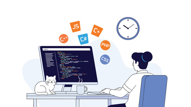 Female programmer works on code at her desk while colorful programming language icons float above her computer monitor.