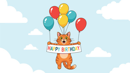 Obraz premium Adorable orange tabby cat floating in a blue sky with colorful balloons while holding a celebratory Happy Birthday banner for a party.