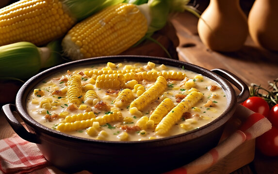 A warm bowl of creamy corn chowder with pasta and vegetables on a rustic wooden table with fresh corn and tomatoes.