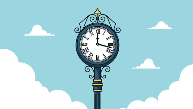 Elegant vintage style clock mounted on a decorative lamp post against a light blue sky with soft clouds, showing three o clock.