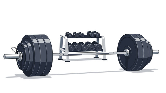 Heavy weighted barbell resting on a gym floor with a large rack of various dumbbells in the background, representing fitness training.