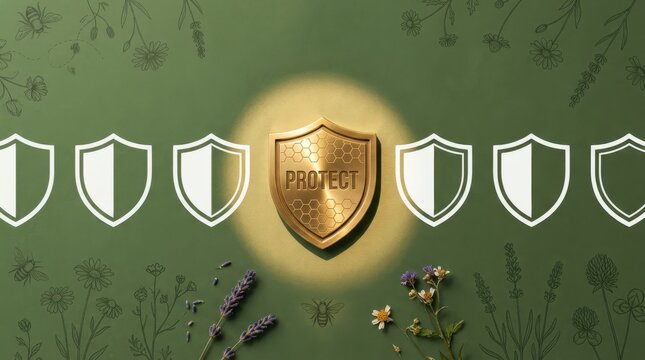 A protective shield with multiple white shields and insects on green background with flowers.