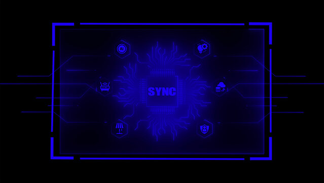 Dark blue digital interface showing a central glowing processor chip with the word sync surrounded by various smart home technology and circuit board lines on black background