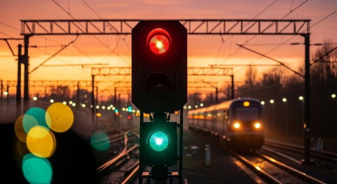 Train Signal Lights at Sunset with Train Approaching