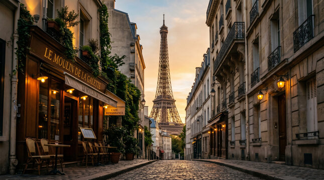 Paris Street Cafe With Eiffel Tower