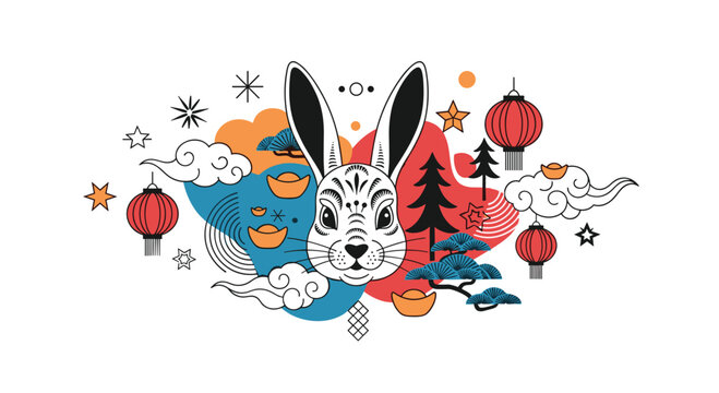 Artistic illustration for chinese year of the rabbit featuring a stylized bunny head surrounded by traditional symbols.