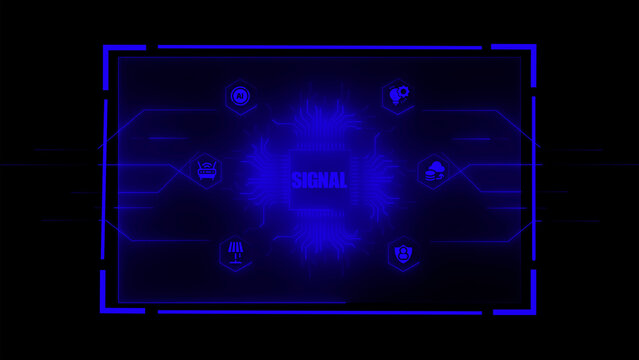 Dark blue digital interface featuring a central processor chip with the word signal surrounded by various technology connected by circuit board lines on a dark background