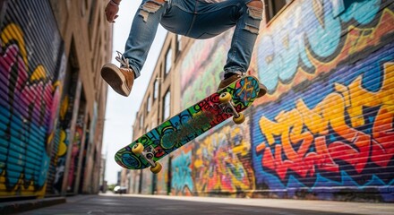 Obraz premium Skateboarder Performing Trick in Graffiti Alley