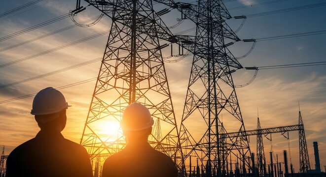 Electrical Engineers Inspecting Power Grid Towers at Sunset