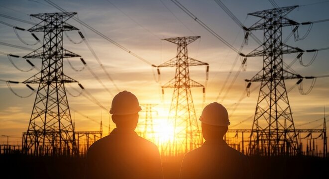 Engineers Observe Power Lines at Sunset Industrial Landscape