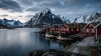 Obraz premium Red Cabins Beneath Snowy Nordic Mountains