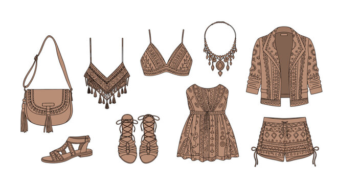Elegant collection of bohemian fashion items including a handbag, tops, sandals, jewelry, and shorts in natural brown.