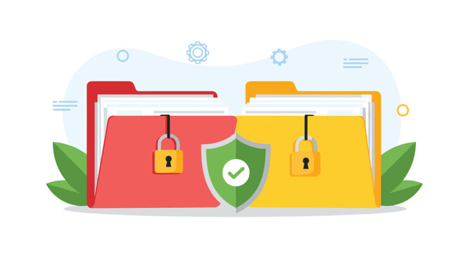 Secure data storage concept featuring locked red and yellow folders with a green shield icon representing information safety and privacy.