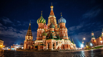 Obraz premium Saint Basil's Cathedral at Night in Moscow