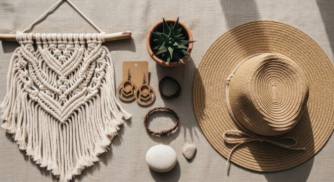 A macrame wall hanging, a straw hat, earrings, a bracelet, a small potted plant, and stones arranged on a neutral surface. 