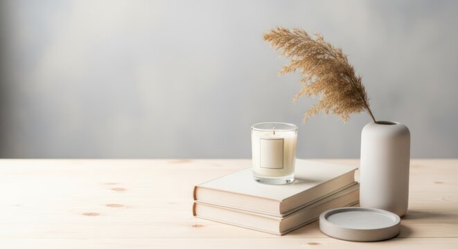 A minimalist setup featuring a candle, a dried plant, and a book on a wooden table against a soft, neutral background. The scene is serene and evokes a sense of calm and simplicity.