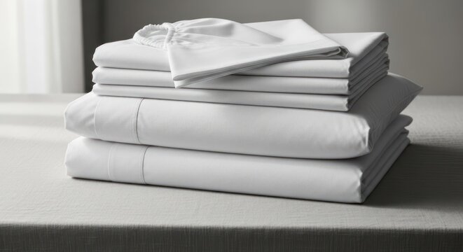Stack of neatly folded white sheets and pillowcases on a bed with a smooth gray bedspread. The sheets are arranged in a tidy pile, showcasing a clean and organized bedroom setting.