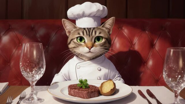 Adorable cat dressed as a chef, holding a chef's hat, sitting at a fancy dining table with gourmet meal