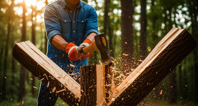 Man splitting a large log with an axe in a sunny forest. Wood chips fly as the lumberjack strikes the timber with force. Concepts of manual labor, firewood preparation, and strength in nature.