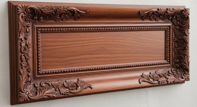 A carved wooden panel with intricate floral and geometric designs, mounted on a plain wall. The panel features a rectangular central section with ornate borders and decorative elements