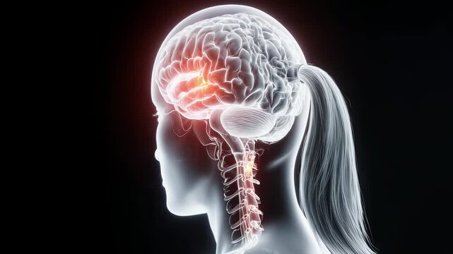 Side profile of a woman with a detailed brain illustration glowing in the head, highlighting neurological activity