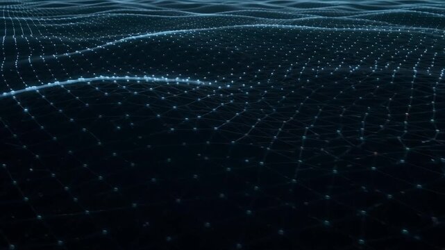 A futuristic digital wave of glowing blue dots forms an abstract technology background with a cyberpunk visual effect