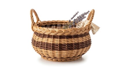 Obraz premium A wicker basket with handles, containing a small bouquet of lavender and a white cloth, placed on a plain white background.