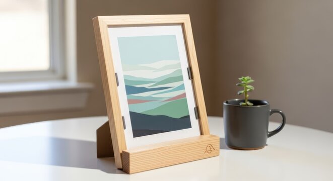 A wooden frame with a minimalist landscape print stands on a table, accompanied by a small potted plant and a dark mug. 