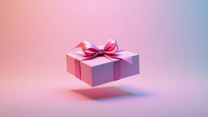 Obraz premium Pink gift box with satin bow floating on pink background