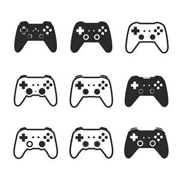 A collection of nine video game controllers in black and white (1)